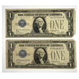 Pair 1928-A $1 Silver Certificates FUNNY BACK