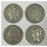 1865 - 1868 Three Cent Nickel 4-Coin Date Run