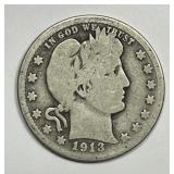 1913-D Barber Silver Quarter About Good AG