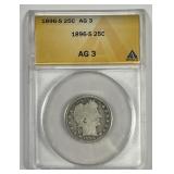 1896-S Barber Silver Quarter ANACS AG3