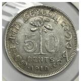 CEYLON: 1910 Silver 50 Cents Very Fine VF