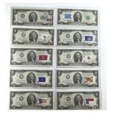 Ten Different 1976 $2 Postal Stamp Cancelled Notes