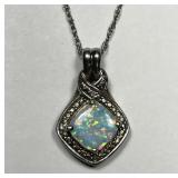 Sterling Silver Cushion Cut Opal Pendant & Chain