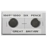 GREAT BRITAIN: 1869 & 1880 Silver 6 Pence Pair