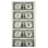 Five 1957-B $1 Silver Certificate Consecutive CU