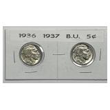 1936 & 1937 Buffalo Nickel Pair Uncirculated BU