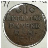 DENMARK: 1771 One Skilling Copper Coin