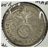 GERMANY: 1936-G Silver 5 Mark Hindenburg Issue
