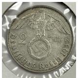GERMANY: 1937-A Silver 2 Mark Hindenburg Issue