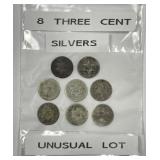 Lot of 8 Three Cent Silver 3cS Type Coins