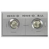 1943-D & 1944-D Mercury Dime Pair Uncirculated BU