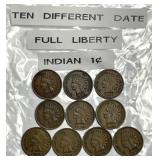 Ten Different Dated Full Liberty Indian Head Cents
