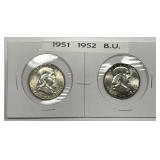 1951 & 1952 Franklin Silver Half Pair BU