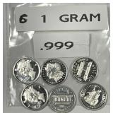 Lot of 6 1 Gram Silver Rounds