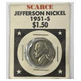 1951-S Jefferson Nickel in Vtg Dept Store Holder