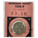 1939-D Jefferson Nickel in Vtg Dept Store Holder