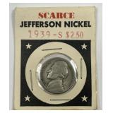 1939-S Jefferson Nickel in Vtg Dept Store Holder