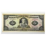 EQUADOR: 1968 Five Sucres Currency Note