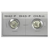 1942 & 1943 Mercury Dime Pair Uncirculated BU