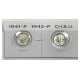1941 & 1942 Mercury Dime Pair Uncirculated BU