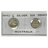 AUSTRALIA: 1942 & 1943 Silver Six Pence Pair AU