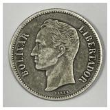 VENEZUELA: 1924 Silver 2 Bolivares