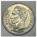 VENEZUELA: 1960 Silver Bolivar Color Toned