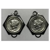 Pair of Mercury Silver Dimes in Hexagon Bezels