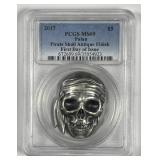 PALAU: 2017 Silver $5 Pirate Skull FDI PCGS MS69