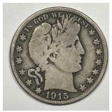 1915 Barber Silver Half Key Date Very Good VG