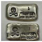 Two Poured Skull/Crossbones 1 oz .999 Silver Bars