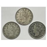 Trio of 1883 "no CENTS" Liberty Head Nickels