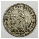 GUATEMALA: 1938 Silver 5 Centavos