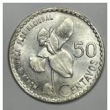 GUATEMALA: 1963 Silver 50 Centavos Uncirculated