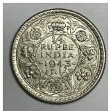 INDIA: 1943 Silver 1/4 Rupee Choice AU