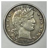 1898 Barber Silver Quarter Sharp Extra Fine XF+