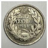 CHILE: 1908 Silver 10 Centavos