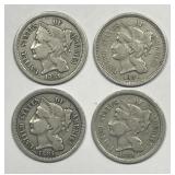 Lot of Four 1881 Three Cent Nickels 3cN Very Fine