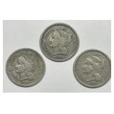 Trio Different Three Cent Nickels 1865 1867 1881