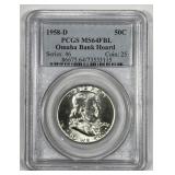 1958-D Franklin Half OMAHA BANK PCGS MS64 FBL