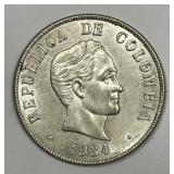 COLUMBIA: 1934 Silver 50 Centavos AU