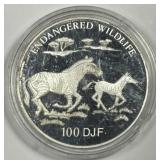 DJIBOUTI: 1994 Silver Proof 100 Francs Zebras