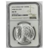 CONGO: 2016 Silver 5000 Francs Lion NGC MS70