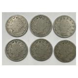 Lot of 6 Different Dated Liberty Head V Nickels