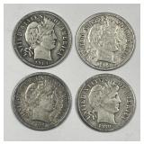 Four Different Dated Barber Silver Dimes in Fine