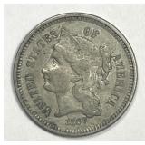 1867 Three Cent Nickel 3cN Extra Fine XF