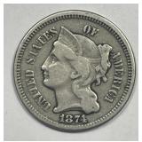 1874 Three Cent Nickel 3cN Very Fine VF details