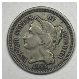 1881 Three Cent Nickel 3cN Extra Fine XF
