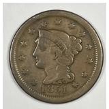 1851 Braided Hair Large Cent Fine F
