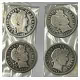 Four 20th Century Barber Silver Dimes Good G